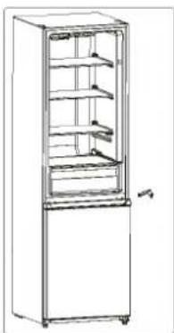 Line drawing of a refrigerator with open doors and shelves (no text or symbols)