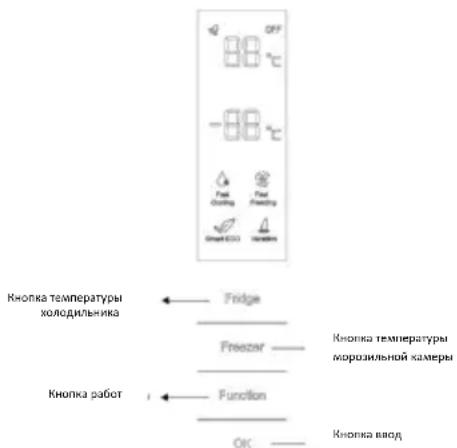 OFF 88 °C -88 °C Fast Cooling Fast Freezing Green ECO No.103 Кнопка температуры холодильника Fridge Freezer Кнопка температуры морозильной камеры Кнопка работ i Function OK Кнопка ввод