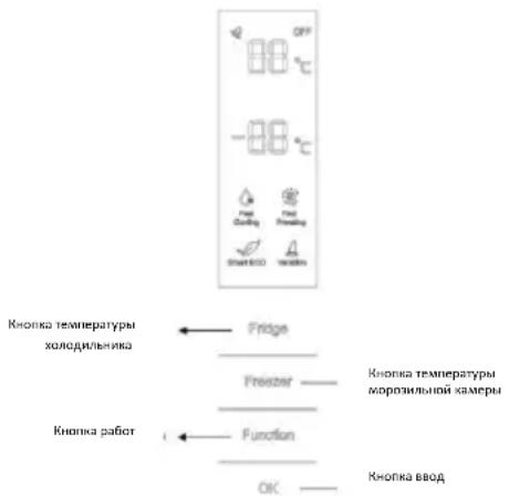 OFF 88 °C -88 °C Fast Cooling Fast Freezing Smart1000 Window Кнопка температуры холодильника Fridge Freezer Кнопка температуры морозильной камеры Кнопка работ i Function OK Кнопка ввод