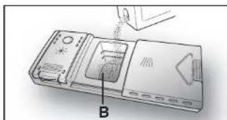 Diagram of a device with labeled component B, showing internal components and a tool interacting with it.