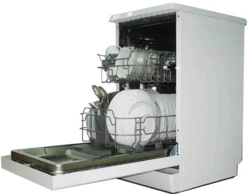 Interior view of a white multi-level kitchen appliance with open door, showing dish plates and metal grilles (no text or symbols visible)