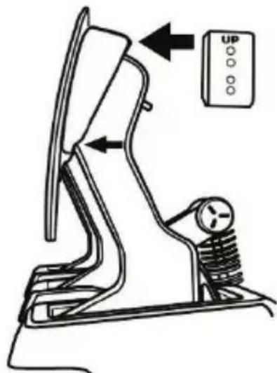 Technical diagram of a mechanical device with directional arrows and a control panel labeled 'UP'