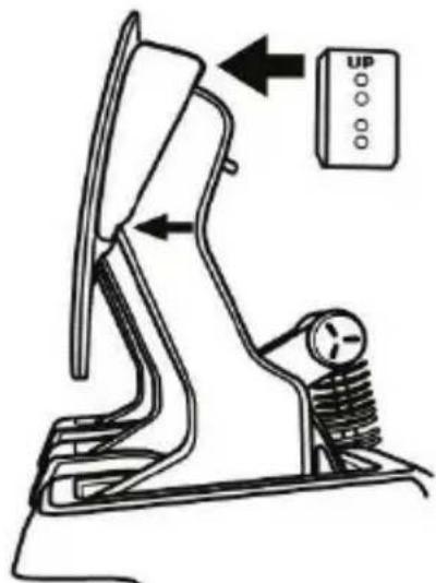 Diagram of a mechanical device with directional arrows and a labeled control panel (UP) pointing to a component.
