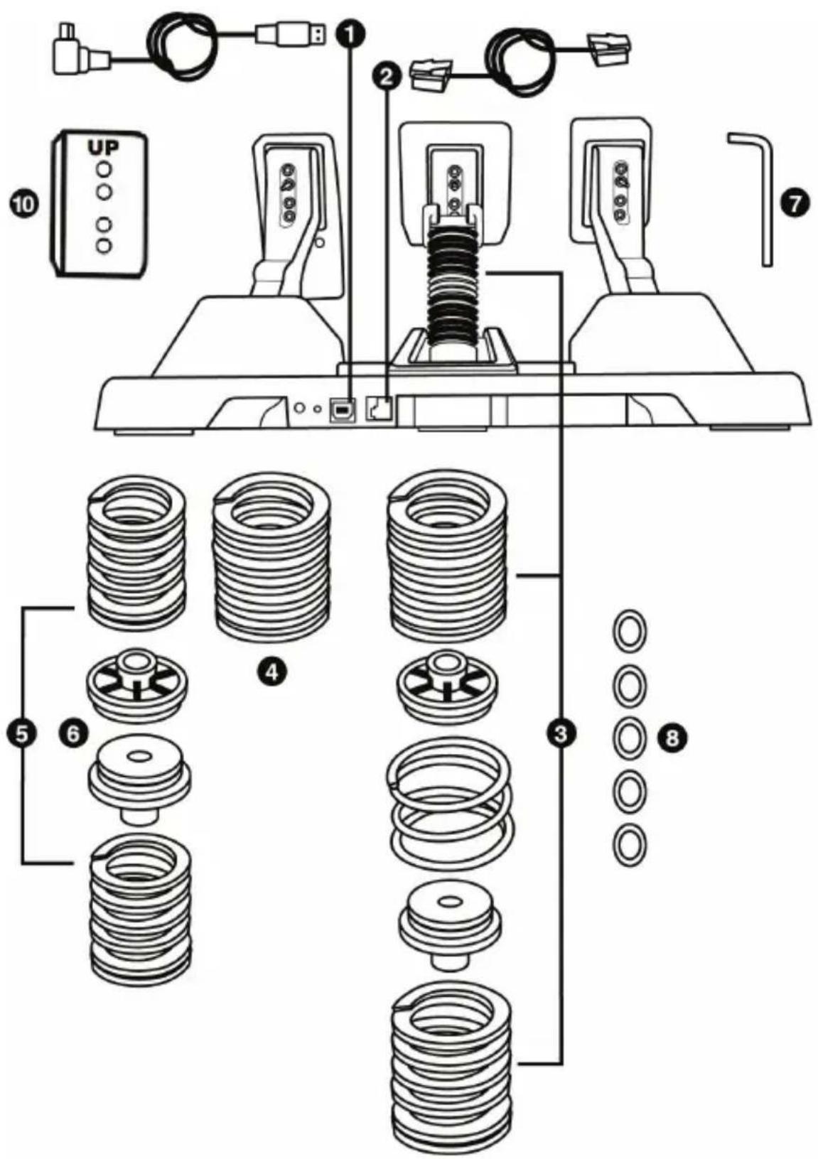 Technical diagram of a mechanical assembly with numbered components and exploded view, including spring, washers, and control panel.