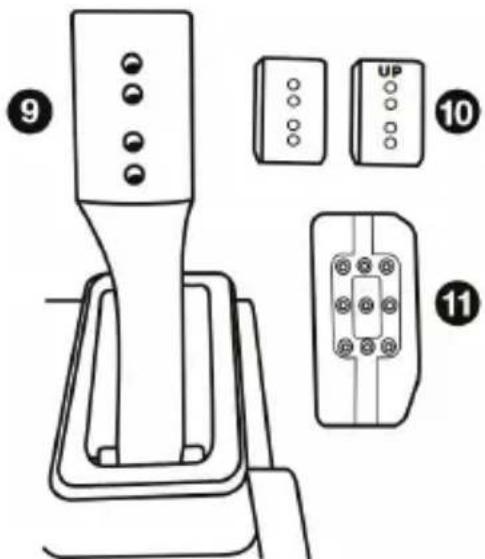 Technical diagram of a mechanical device with labeled parts including buttons, up/down indicators, and a grid connection panel.