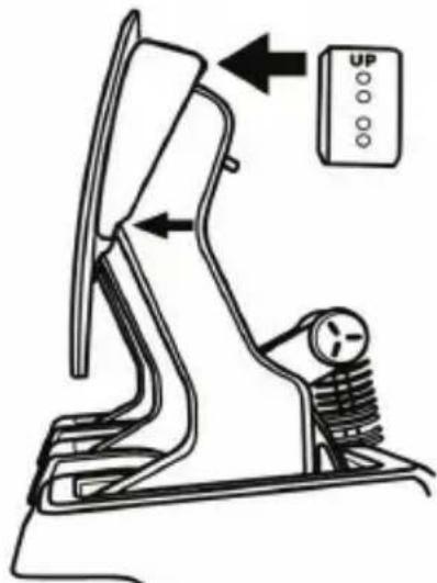 Diagram of a mechanical device with directional arrows and a labeled control panel (UP) pointing to a component.