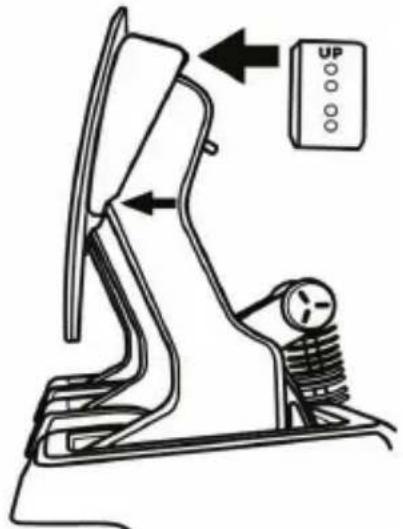 Diagram of a mechanical device with directional arrows and a control panel labeled 'UP'