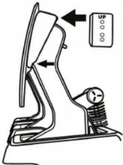 Diagram of a mechanical device with directional arrows and a labeled control panel (UP) pointing to a component.