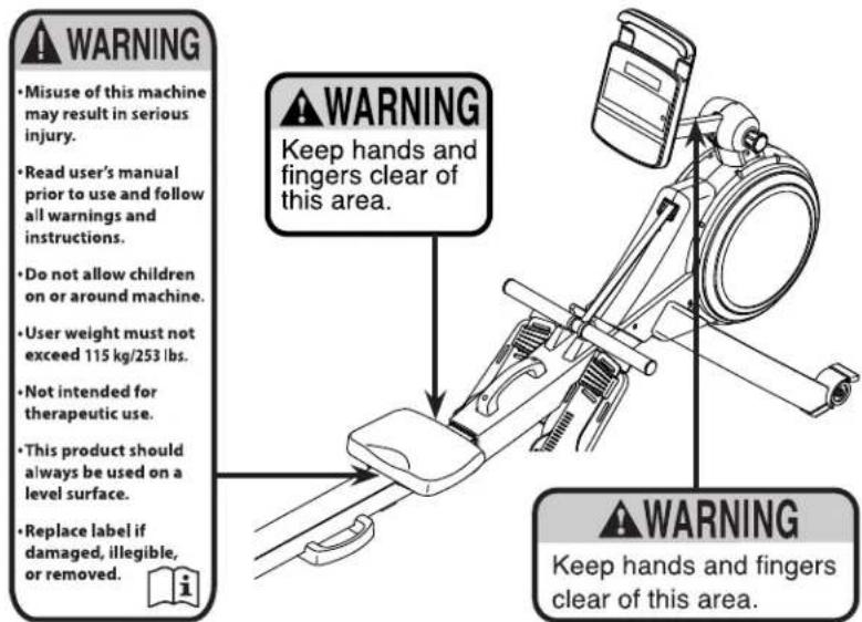 WARNING • Misuse of this machine may result in serious injury. • Read user's manual prior to use and follow all warnings and instructions. • Do not allow children on or around machine. • User weight must not exceed 115 kg/253 lbs. • Not intended for therapeutic use. • This product should always be used on a level surface. • Replace label if damaged, illegible, or removed.