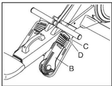 Technical diagram of a mechanical device with labeled parts A, B, C, and D