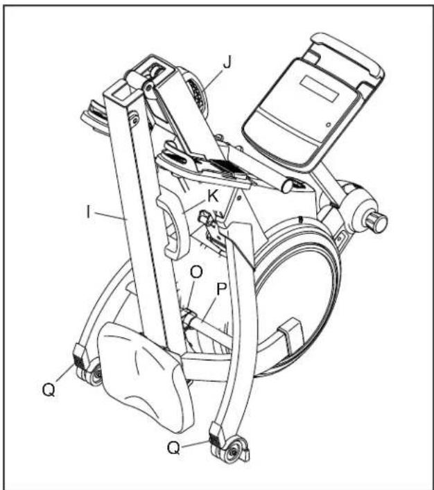 Technical diagram of a mechanical device with labeled parts including I, J, K, P, Q, and O.