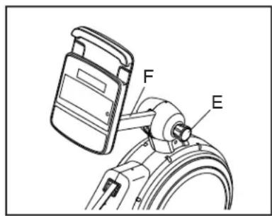 Technical diagram showing a mechanical assembly with labeled parts F and E, likely illustrating a device or component assembly.