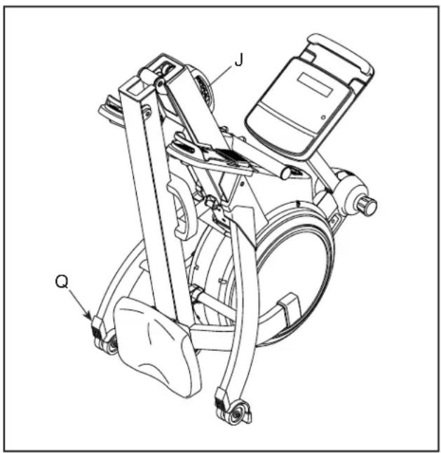 Technical diagram of a mechanical device with labeled components J and Q