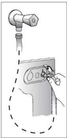 Diagram showing a hand inserting a valve into a control panel with a water drop symbol, illustrating the process of cleaning or repair.