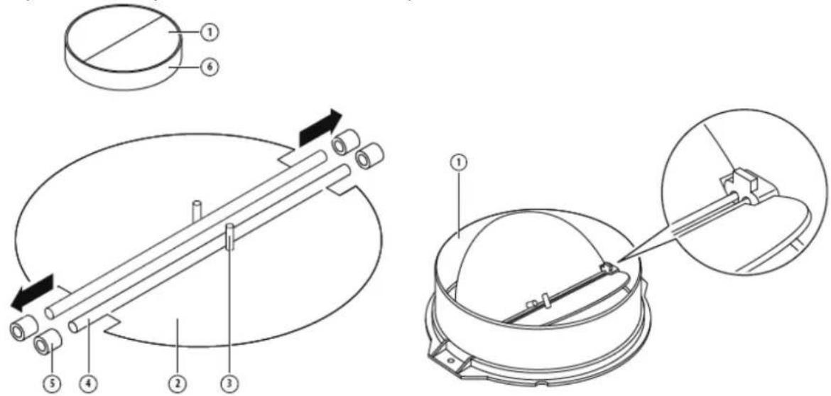 Technical diagram showing mechanical assembly with numbered components and a close-up of a spherical component with internal structure.