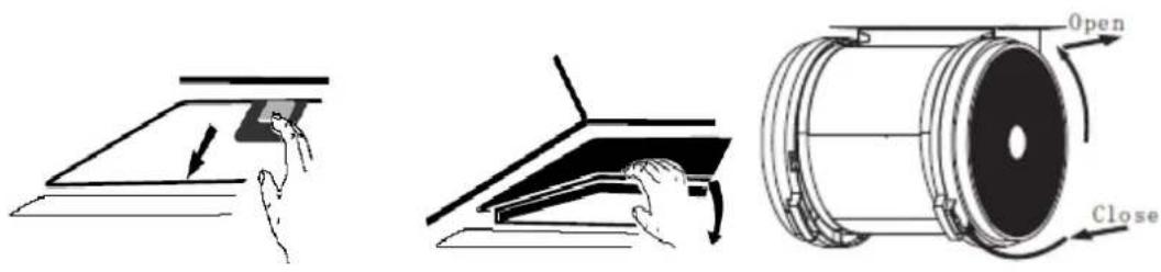 Technical diagram illustrating three steps of a mechanical assembly: opening, close, and cutting with labeled arrows.