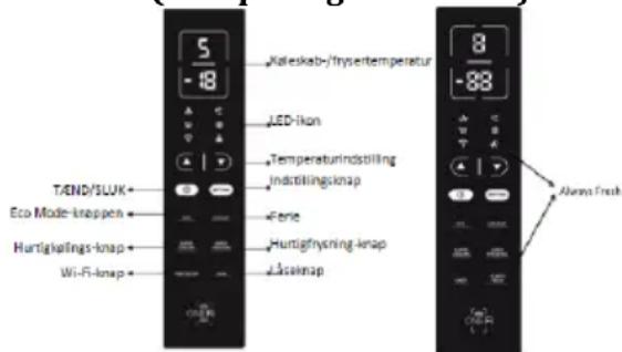 5 -18 Koleskøb-/frysertemperatur LED-Ikon Temperature/indstilling Indstilling-knap TÆND/SLUK+ Eco Mode-knappen + Huntigkølings-knap + Wi-Fi-knap + Låsaknap 8 -83 Always Fresh