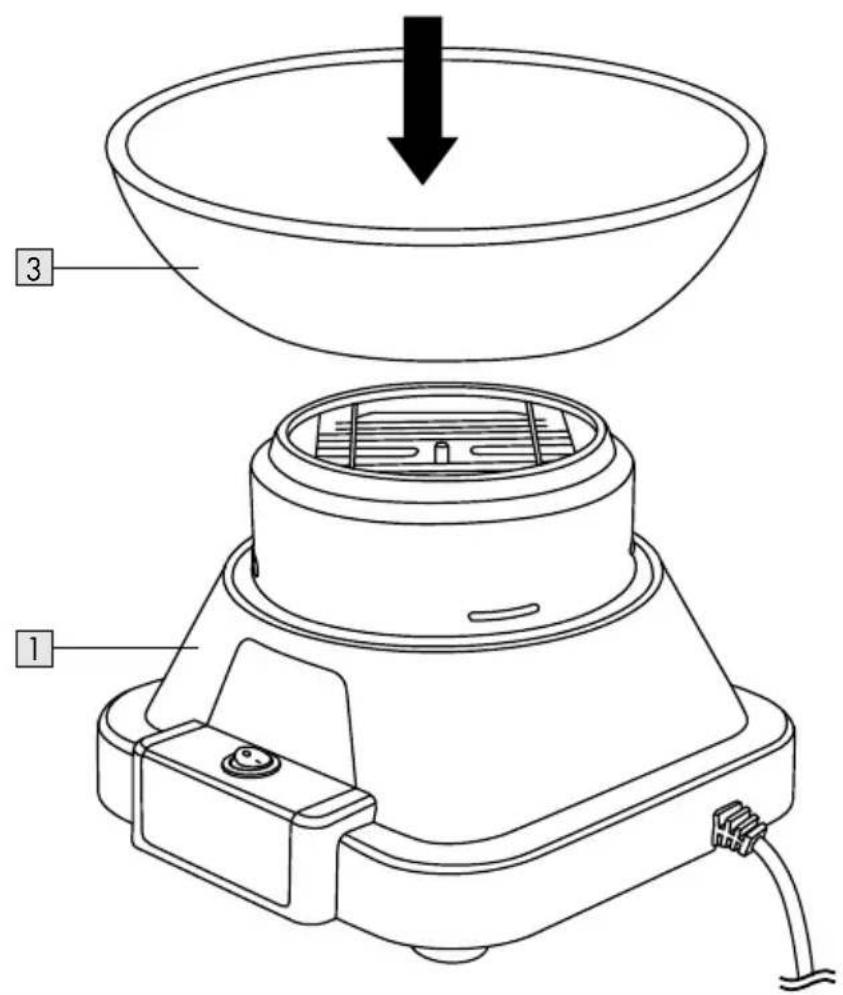 Technical diagram of a device with labeled parts, showing a top-down view and internal structure with arrows indicating direction.