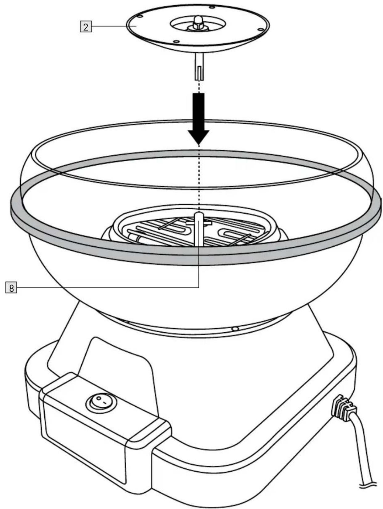 Technical diagram of a device with labeled parts, showing assembly steps and component layout