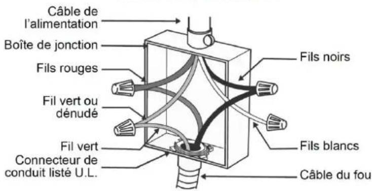 Câble de l'alimentation Boîte de jonction Fils rouges Fils noirs Fil vert ou dénudé Fils blancs Fil vert Connecteur de conduit listé U.L. Câble du fou