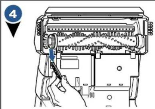 Diagram showing a hand inserting a component into a device with a blue arrow indicating the direction of insertion.
