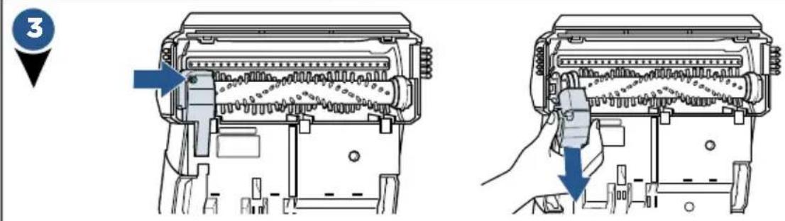 Technical diagram showing two views of a printer's internal structure with blue arrows indicating process steps.
