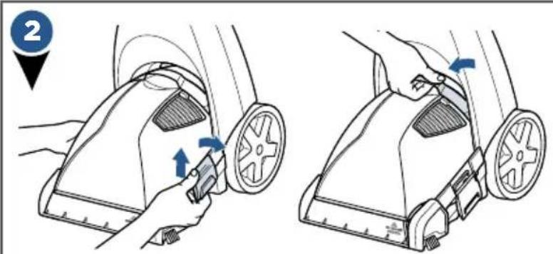 Diagram showing two steps of a lawn mower tool, with directional arrows indicating movement and rotation.