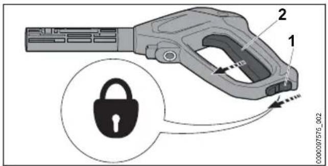 STIHL RE 90 - Apăsarea și blocarea manetei pistolului de stropit - 2