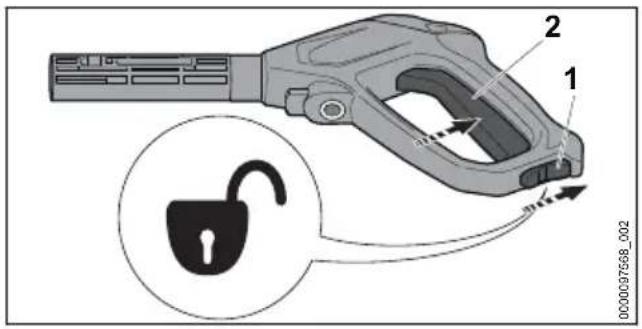 STIHL RE 90 - Hebel der Spritzpistole drücken und verriegeln - 1