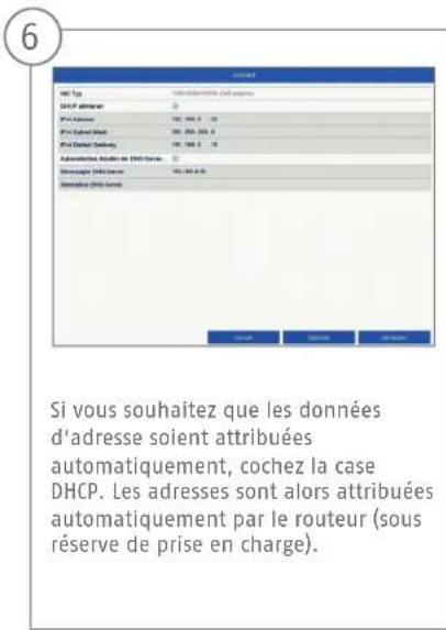 6 Si vous souhaitez que les données d'adresse soient attribuées automatiquement, cochez la case DHCP. Les adresses sont alors attribuées automatiquement par le routeur (sous réserve de prise en charge).