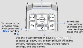 To return to the previous menu level, press the Back soft key or C. To exit the menu without changing the menu settings press this key. Use the 4-way navigation keys (F, G, H) to scroll up, down, left, or right through the menu system, highlight menu items, change feature settings, and play games.