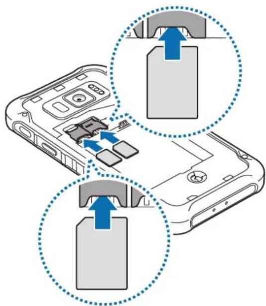 Diagram showing device port and internal components with blue arrows indicating movement or assembly, likely illustrating a digital interface or storage system.