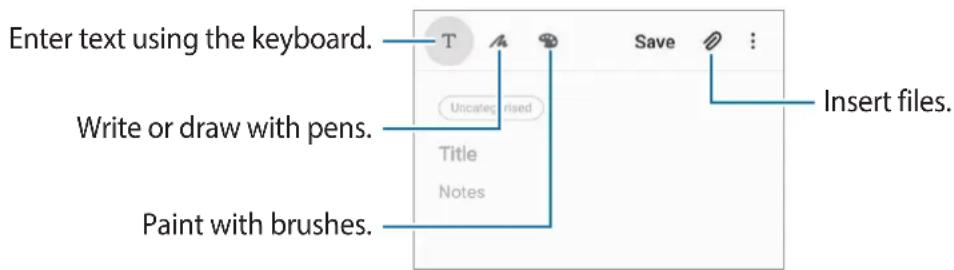 Enter text using the keyboard. Write or draw with pens. Paint with brushes. T Save : Uncarated rised Title Notes Insert files.
