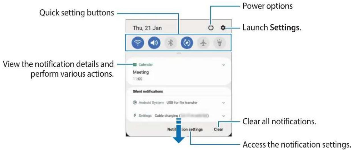 Quick setting buttons Thu, 21 Jan Power options Launch Settings. View the notification details and perform various actions. Calendar Meeting 11:00 Silent notifications Android System USB for file transfer Settings Cable charging (... Notif lion settings Clear Clear all notifications. Access the notification settings.
