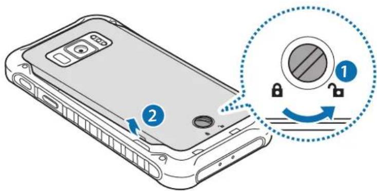 Diagram showing a smartphone with labeled parts and a circular diagram illustrating lock state changes around a door.