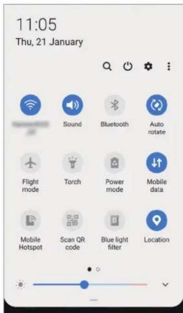 11:05 Thu, 21 January Sound Bluetooth Auto rotate Flight mode Torch Power mode Mobile data Mobile Hotspot Scan QR code Blue light filter Location