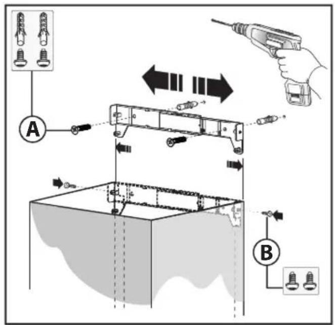 Diagram illustrating a mechanical assembly or cleaning process with labeled components A and B, showing tool application and directional arrows.