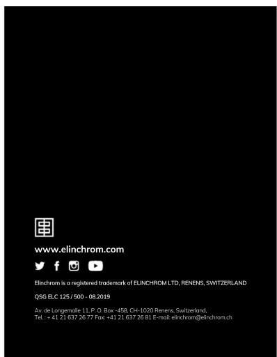 www.elinchrom.com Elinchrom is a registered trademark of ELINCHROM LTD, RENENS, SWITZERLAND QSG ELC 125 / 500 - 08.2019 Av. de Longemäde 11, P. O. Box -458, CH-1020, Renens, Switzerland, Tel.: +41.21 637.26 77 Fax: +41.21 637.26 BL E-mail: elinchrom@elinchrom.ch