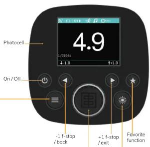 Photocell 4.9 -1/304s -1.0 +1.0 On / Off -1 f-stop / back +1 f-stop / exit Favorite function