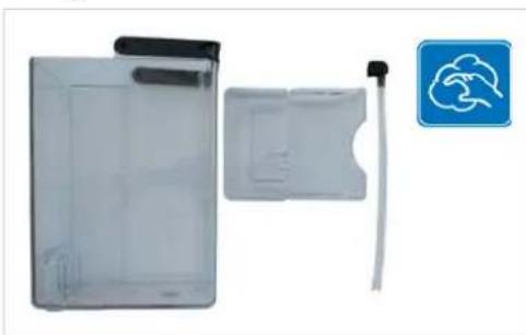 Product photo of a transparent plastic device with a black clip and a small connector, alongside a blue circular logo (no text or symbols on the device itself).