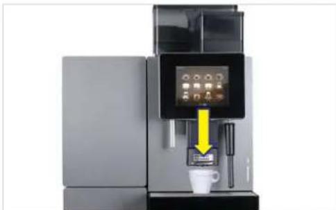 Modern coffee machine with digital display and coffee cup, no visible text or symbols.