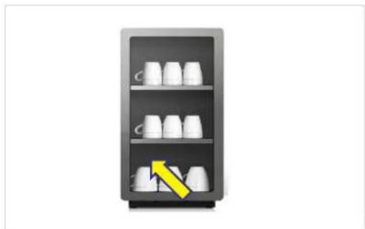 Illustration of a refrigerator with multiple white mugs on shelves and one yellow arrow pointing to the bottom shelf (no text or symbols)