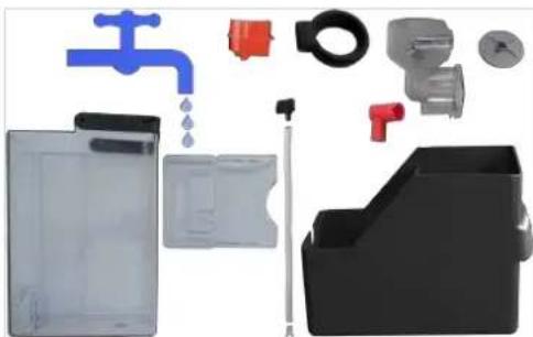 Exploded view of cleaning and installation components including water tap, pipe fittings, and a black plastic container (no text or symbols visible).