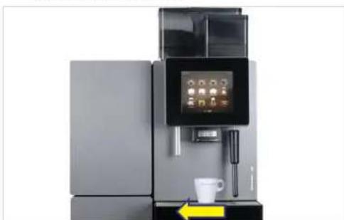 Modern coffee machine with digital display and coffee cup, no visible text or symbols on the device itself.