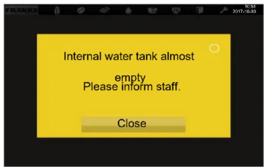 Internal water tank almost empty Please inform staff. Close