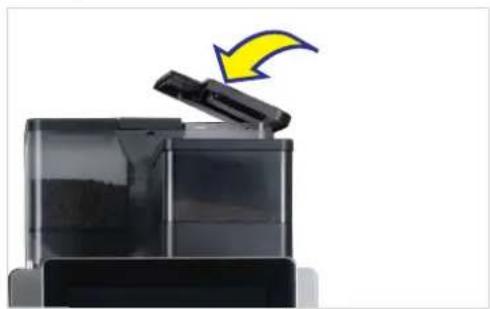 Diagram of a printer with an open lid and a yellow arrow indicating rotation (no text or symbols).