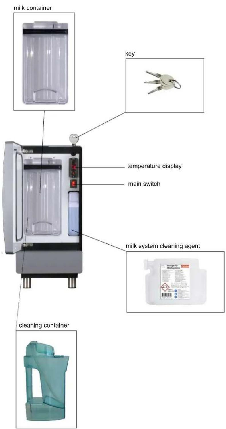 milk container key temperature display main switch milk system cleaning agent cleaning container