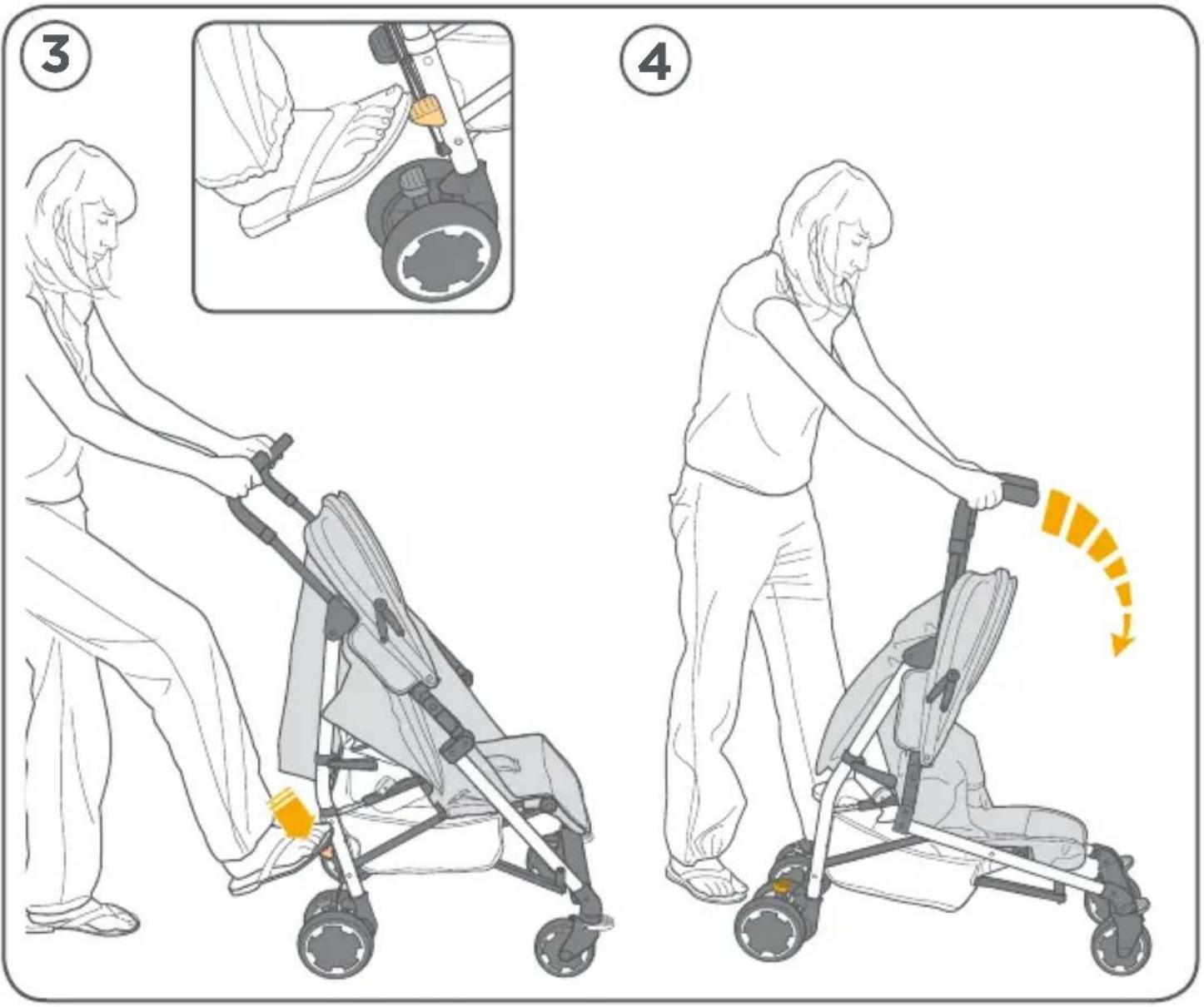 Illustration showing a person using a stroller to adjust the seatbelt, with numbered steps and a highlighted motion indicator.