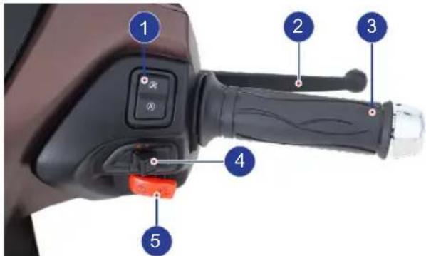 Labeled diagram of a car brake lever with numbered parts including key buttons and adjustment knobs