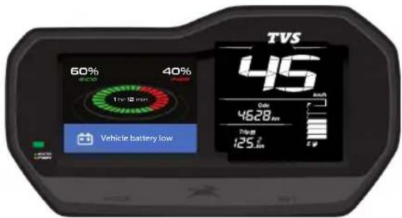 60% 40% 1hr 18 min Vehicle battery low TVS 45 30% 4628 km Trip-on 125 km E